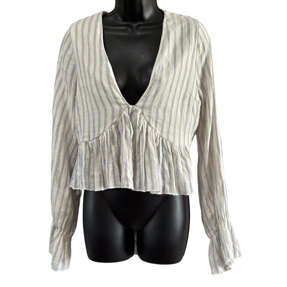 Altar’d State Top M Cropped Striped Long Sleeve Peplum Deep V-Neck Peasant - Picture 4 of 9